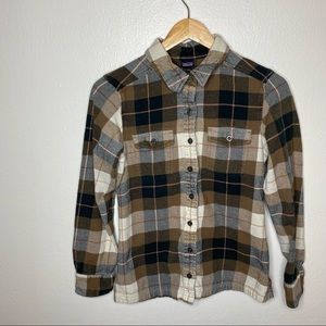 Patagonia Fjord Flannel Brown and Blue Plaid Button Down Organic Cotton Shirt